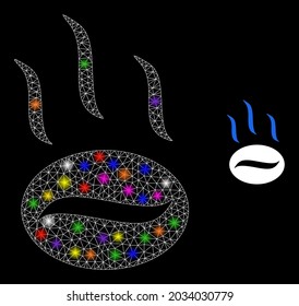 Glowing network coffee aroma constellation icon with lightspots. Illuminated vector constellation is created from coffee aroma icon. Sparkle frame polygonal coffee aroma on a black background.