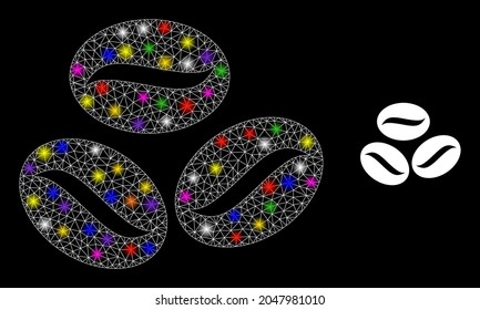 Los granos de café de red brillantes brillan icono con focos luminosos. Constelación vectorial luminosa basada en pictograma de granos de café. Esparcen granos de café de malla en un fondo negro.