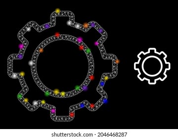Glowing network contour gear constellation icon with lightspots. Illuminated vector model based on contour gear icon. Sparkle frame polygonal contour gear on a black background.