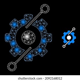 Glowing network control center gear web icon with magic light spots. Illuminated constellation is done from control center gear vector icon. Glowing frame web polygonal control center gear,