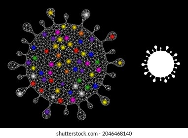 Glowing network Covid virus constellation icon with lightspots. Illuminated vector constellation based on Covid virus glyph. Sparkle frame mesh Covid virus on a black background.