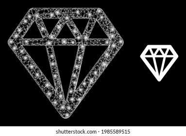 Glowing network diamond with glowing spots. Linear frame 2D mesh generated with intersected white lines and diamond icon. White mesh and sparkle frame mesh diamond on a black background.