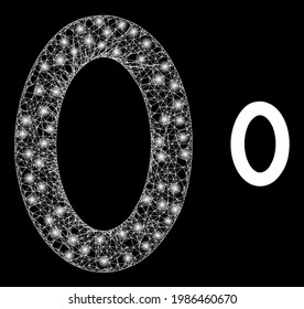 Glowing network digit zero with glowing spots. Wire carcass flat network generated with crossed white lines and digit zero icon. White mesh and sparkle carcass mesh digit zero on a black background.