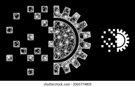 Glowing network digital gearwheel generation with glowing spots. Linear frame 2D network generated with intersected white lines and digital gearwheel generation icon.