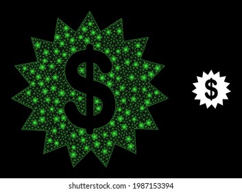 Glowing network dollar rosette with glowing spots. Vector carcass based on dollar rosette icon. Bright frame polygonal dollar rosette on a black background.