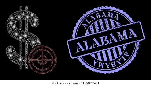 Destino brillante de dólar de red con puntos brillantes y estampado azul redondo de Alabama. Carcasa vectorial basada en el icono de destino de dólar. Destino de malla de canal brillante.