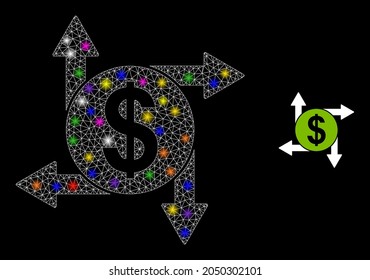 Glowing network dollar transactions constellation icon with lightspots. Illuminated vector constellation based on dollar transactions picture.
