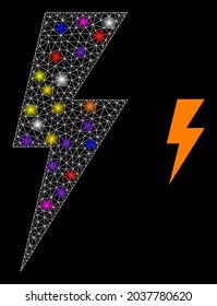 Glühendes Netzwerk elektrische Funken Konstellation Symbol mit Leuchtpunkten. Leuchtende Vektorkonstellation auf der Grundlage eines elektrischen Funkenpiktogramms. Zarter Rahmen, polygonaler elektrischer Funke auf schwarzem Hintergrund.
