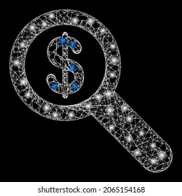 Glowing network financial audit with glowing spots. Vector model based on financial audit icon, and with crossed lines. Glowing frame mesh financial audit on a black background.