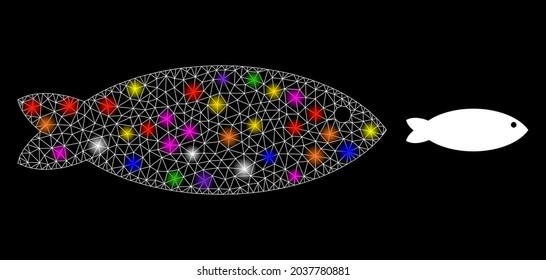 Glowing network fish glare icon with light spots. Illuminated vector model based on fish pictogram. Sparkle frame mesh fish on a black background. Linear frame flat network in vector format.