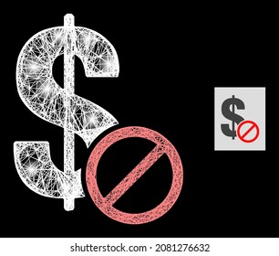 Glowing network forbidden dollar with light spots on a black background. Light vector structure is based on forbidden dollar glyph, with irregular net and light spots.