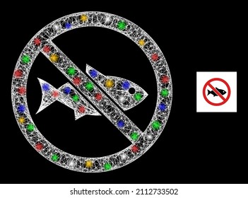 Glowing network forbidden fish with multi colored glowing spots. Illuminated vector mesh created from forbidden fish symbol. Sparkle carcass mesh forbidden fish, on a black backgound.
