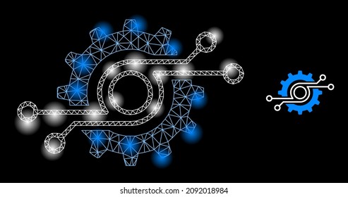 Glowing network gear chip web icon with glowing spots. Illuminated constellation is done using gear chip vector icon. Illuminated frame web polygonal gear chip, on a black background.
