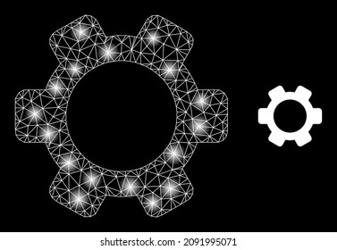 Glowing network gearwheel web icon with glowing light spots. Illuminated constellation is created using gearwheel vector icon. Constellation carcass web polygonal gearwheel, on a black background.