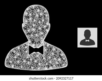 Glowing network gentleman icon with glowing spots on a black background. Illuminated vector constellation is based on gentleman glyph, with linear network and scattered light dots.
