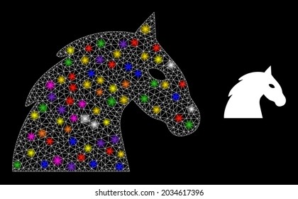 Glowing network horse head constellation icon with light spots. Illuminated vector constellation based on horse head pictogram. Sparkle frame mesh horse head on a black background.