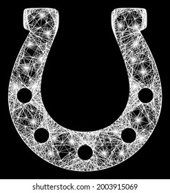 Glowing network horseshoe model with glowing spots. Constellation vector model created from horseshoe symbol and intersected white lines. Sparkle constellation mesh horseshoe, on a black backgound.