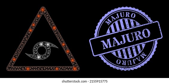Glowing network hurricane warning with glowing spots, and Majuro blue round textured stamp seal. Vector model based on hurricane warning icon. Glowing frame polygonal hurricane warning.