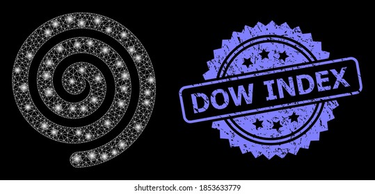 Glowing network hypnosis spiral with glowing spots, and Dow Index scratched ribbon seal imitation. Blue stamp seal includes Dow Index title inside rosette.