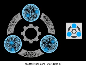 Glowing network industrial collaboration with light spots on a black background. Light vector structure based on industrial collaboration picture, with hatched network and light dots.