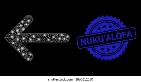Glowing network left arrow with glowing spots, and Nuku'Alofa dirty ribbon seal imitation. Blue stamp seal contains Nuku'Alofa text inside rosette.