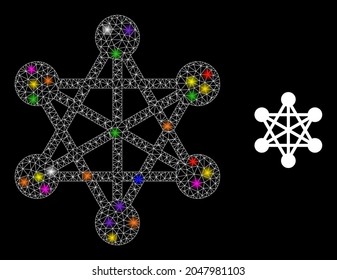 Glowing network links constellation icon with light spots. Illuminated vector constellation based on network links pictogram. Sparkle frame mesh network links on a black background.