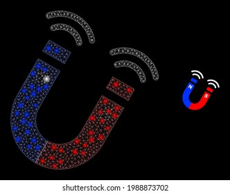 Campo de imán de red brillante con puntos brillantes. Cuadrícula vectorial basada en el icono de campo imán. Campo de imán poligonal con marco de destello sobre un fondo negro.