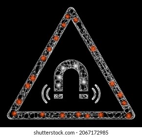 Verleugnende Netzmagnet-Feldwarnung mit leuchtenden Flecken. Vektorkarkasse auf der Grundlage des Magnetfeldwarnsymbol und mit Kreuzungslinien. Flache Maschen-Maschen-Magnetfeld auf schwarzem Hintergrund.