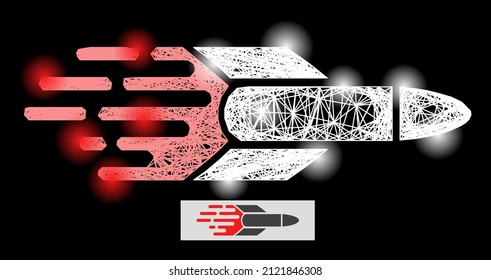 Misil de red brillante con puntos de luz sobre un fondo negro. El modelo vectorial brillante se basa en un icono de misil, con puntos de luz y red intersectados.