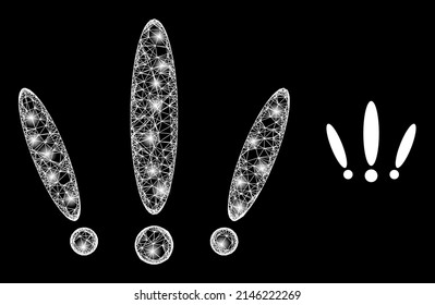 Glowing network multiple warnings with light spots. Linear carcass flat network generated with crossed white lines and multiple warnings icon.