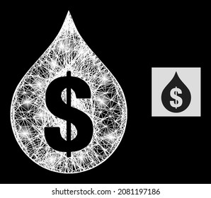 Glowing network oil drop price with light spots on a black background. Illuminated vector mesh based on oil drop price glyph, with intersected network and light spots.