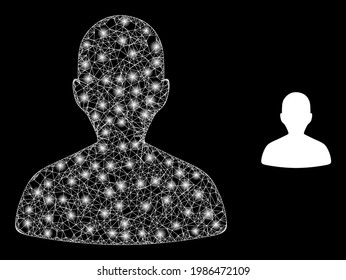 Verleugnendes Personenprofil im Netzwerk mit leuchtenden Flecken. Lineares Flachnetz, erzeugt mit gekreuzten weißen Linien und Personenprofilsymbol.