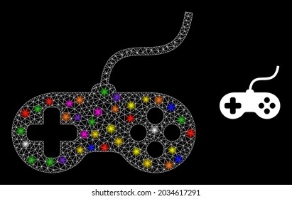 Glowing network playing console constellation icon with lightspots. Illuminated vector constellation based on playing console icon. Sparkle carcass polygonal playing console on a black background.