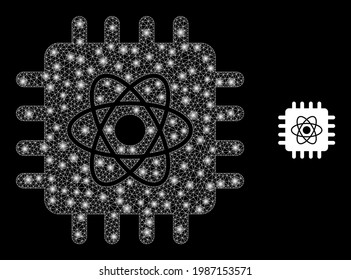 Glowing network quantum computing with glowing spots. Vector grid based on quantum computing icon. Illuminated carcass mesh quantum computing on a black background.