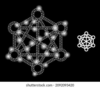Glowing network relations web icon with bright light spots. Illuminated constellation done from network relations vector icon. Glowing carcass web polygonal network relations,