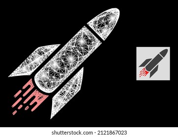 Glowing network rocket with glowing spots on a black background. Light vector model based on rocket glyph, with hatched network and light dots.