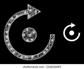 Glowing network rotate with glowing spots. Linear carcass flat mesh generated from crossed white lines and rotate icon. White mesh and sparkle frame mesh rotate on a black background.