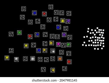 Glowing network scattered square particles constellation icon with light spots. Illuminated vector constellation based on scattered square particles icon.