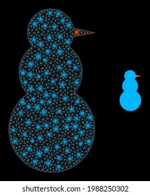 Glowing network snow man with glowing spots. Vector frame based on snow man icon. Glossy frame polygonal snow man on a black background.