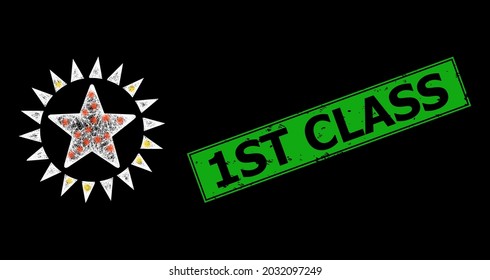 Glowing network star shine wireframe with glowing spots, and green rectangular dirty 1St Class seal. Illuminated vector framework created from star shine symbol and crossed white lines.