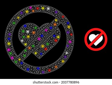 Glowing network stop love heart constellation icon with light spots. Illuminated vector constellation based on stop love heart icon. Sparkle frame mesh stop love heart on a black background.
