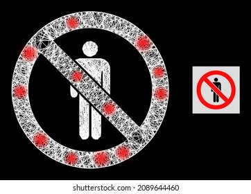 Icono de paro de red brillante con manchas de luz y malla blanca sobre un fondo negro. Malla vectorial ligera basada en el icono del hombre de parada, con malla blanca interseccionada y focos luminosos aleatorios.