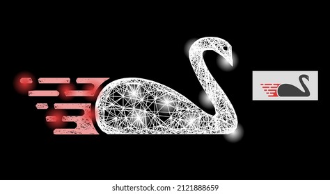 Glowing network swan with glowing spots on a black background. Illuminated vector structure is based on swan symbol, with irregular network and light spots.