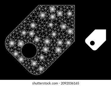 Glowing network tag web icon with bright spots. Illuminated model generated from tag vector icon. Bright frame web polygonal tag, on a black background.