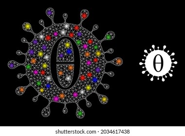 La red que brilla Tetta codifica un icono de la constelación de virus con puntos de luz. Constelación vectorial iluminada basada en el pictograma del virus covid de Tetta. El marco espumoso mallas Tetta covid el virus en un fondo negro.