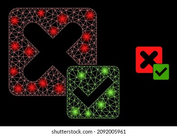 Glowing network true negative web icon with illuminated spots. Illuminated constellation is done from true negative vector icon. Illuminated carcass web polygonal true negative, on a black background.