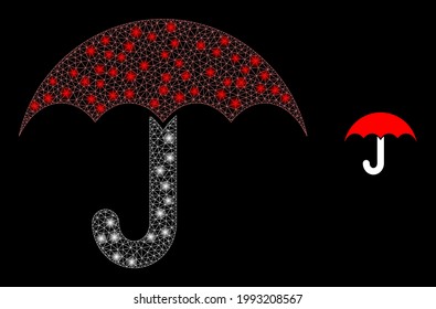 Glowing network umbrella with glowing spots. Vector frame based on umbrella icon. Glossy frame polygonal umbrella on a black background.