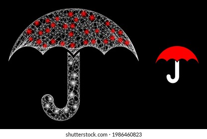 Glowing network umbrella with glowing spots. Wire frame 2D mesh generated from crossed white lines and umbrella icon. White mesh and sparkle carcass mesh umbrella on a black background.