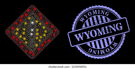 Glowing network warning rhombus with light spots, and Wyoming blue round dirty badge. Vector frame based on warning rhombus icon. Bright frame mesh warning rhombus.