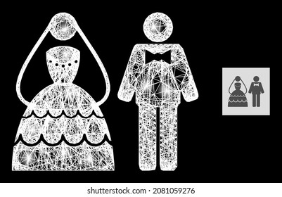 Pareja de bodas en red brillante con manchas claras en un fondo negro. La constelación vectorial brillante se basa en el glifo de pareja de bodas, con redes irregulares y puntos de luz.
